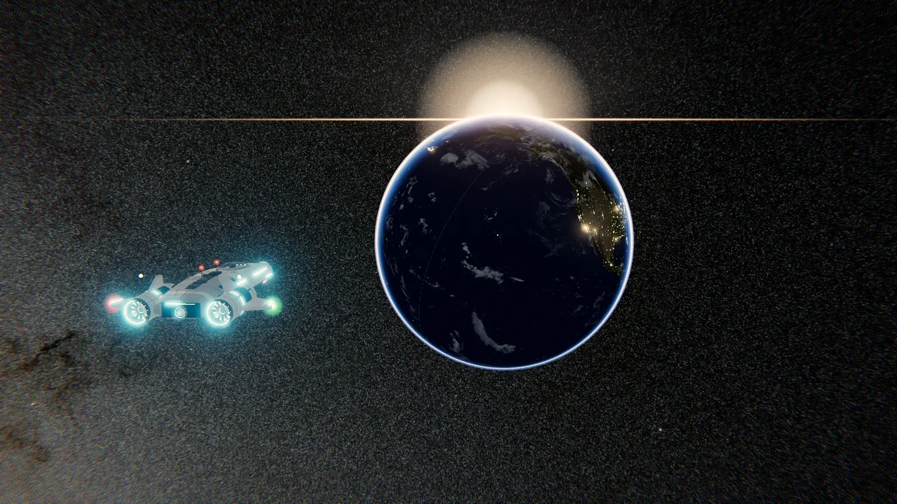 A ship holding off Earth’s night side as the Sun rises over the planet’s edge