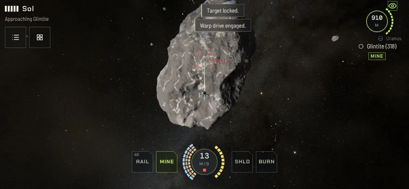 The game on a phone on its side, mining an asteroid